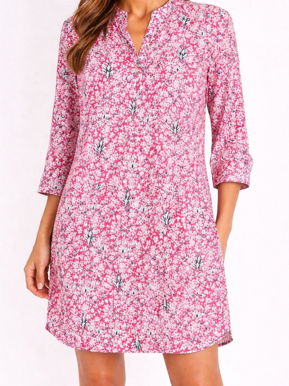 Women's Pink Floral V-Neck Tunic Dress
